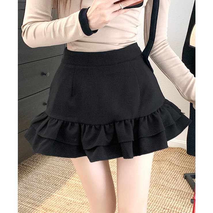 ブラック | ハイウエスト裾フリルミニスカート インナーパンツ付き スカパン | Riff
