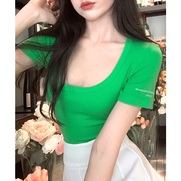 グリーン | Uネック半袖Tシャツ ショート丈 クロップド丈 | Riff