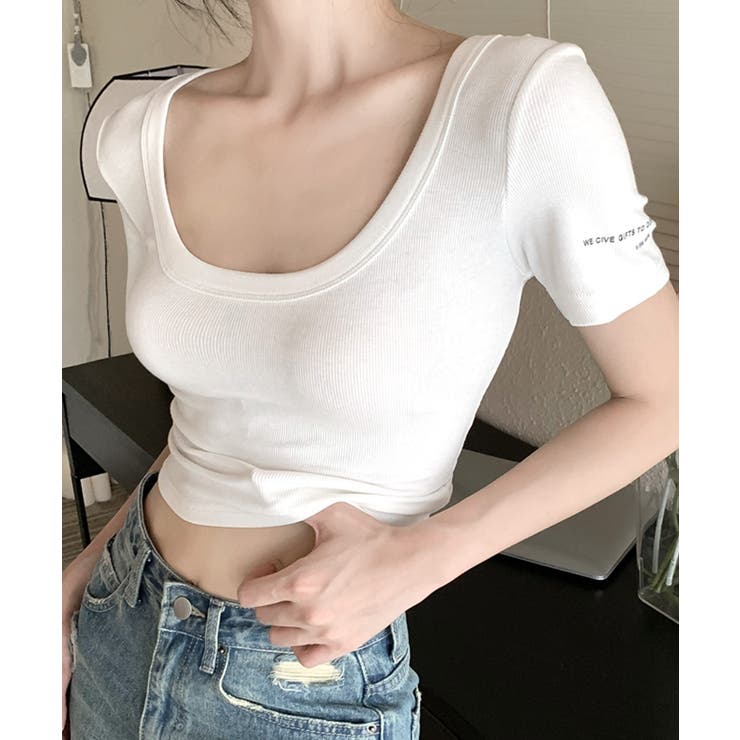 Uネック半袖Tシャツ ショート丈 クロップド丈[品番：NETW0002248