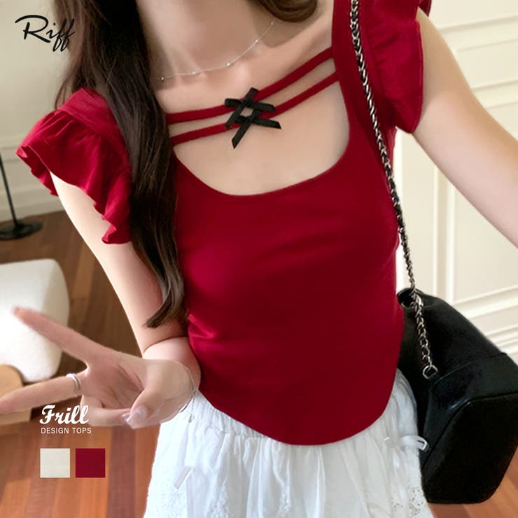バックリボンスクエアネックフリルトップス 2WAY フレンチスリーブ | Riff | 詳細画像1 