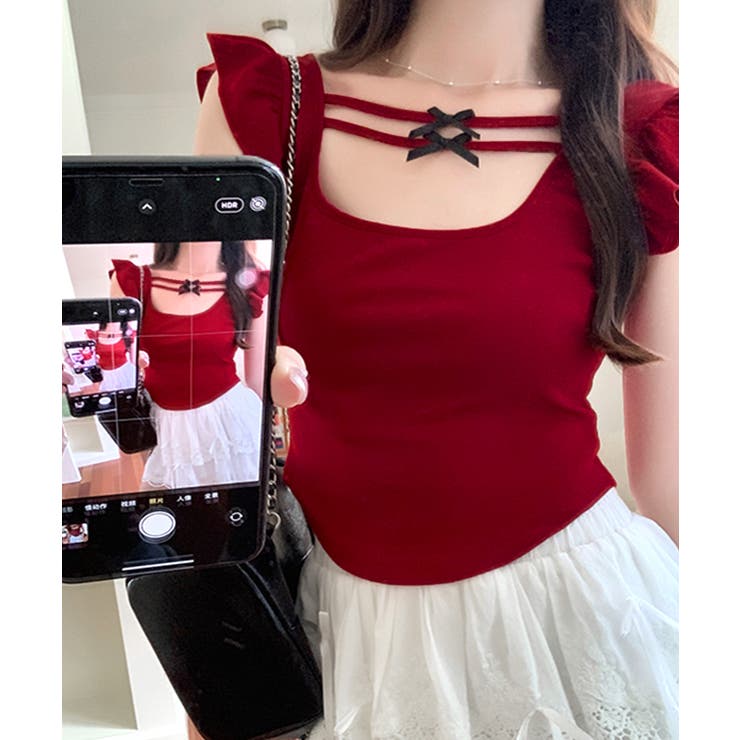 バックリボンスクエアネックフリルトップス 2WAY フレンチスリーブ | Riff | 詳細画像17 