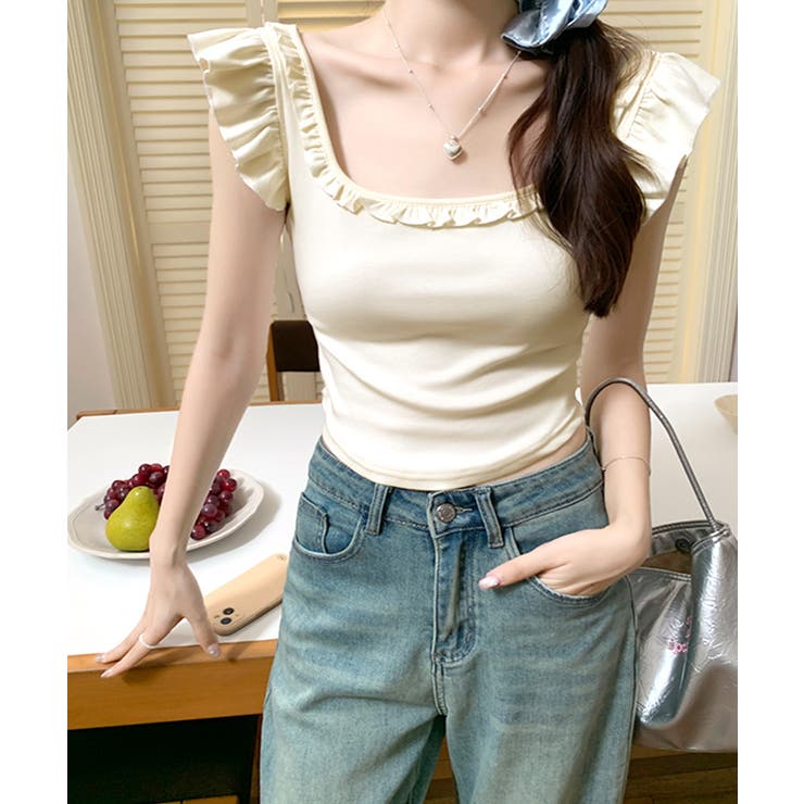 バックリボンスクエアネックフリルトップス 2WAY フレンチスリーブ | Riff | 詳細画像2 