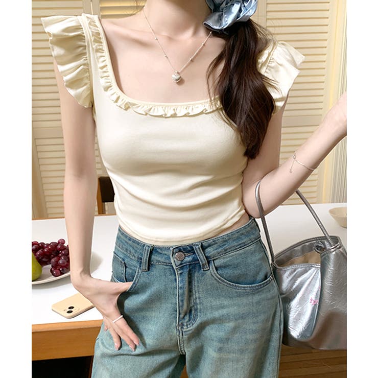 バックリボンスクエアネックフリルトップス 2WAY フレンチスリーブ | Riff | 詳細画像3 