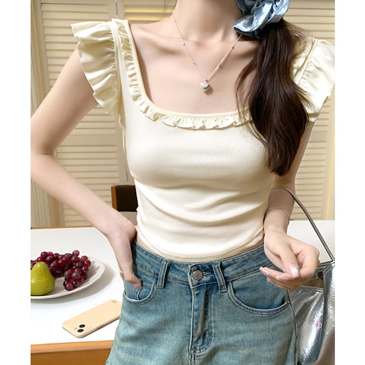 バックリボンスクエアネックフリルトップス 2WAY フレンチスリーブ | Riff | 詳細画像4 