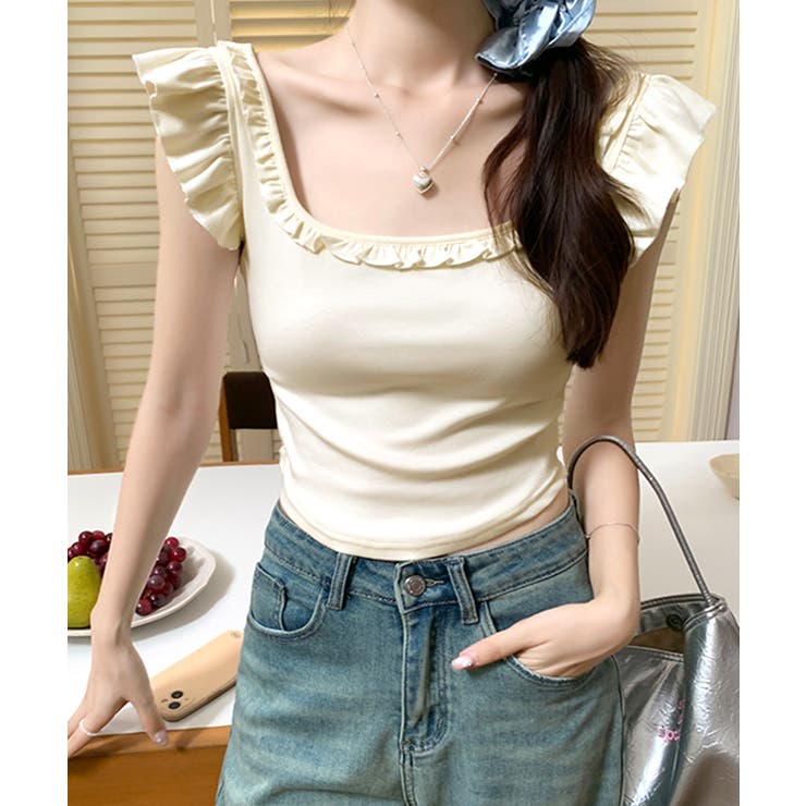 ライトベージュ | バックリボンスクエアネックフリルトップス 2WAY フレンチスリーブ | Riff