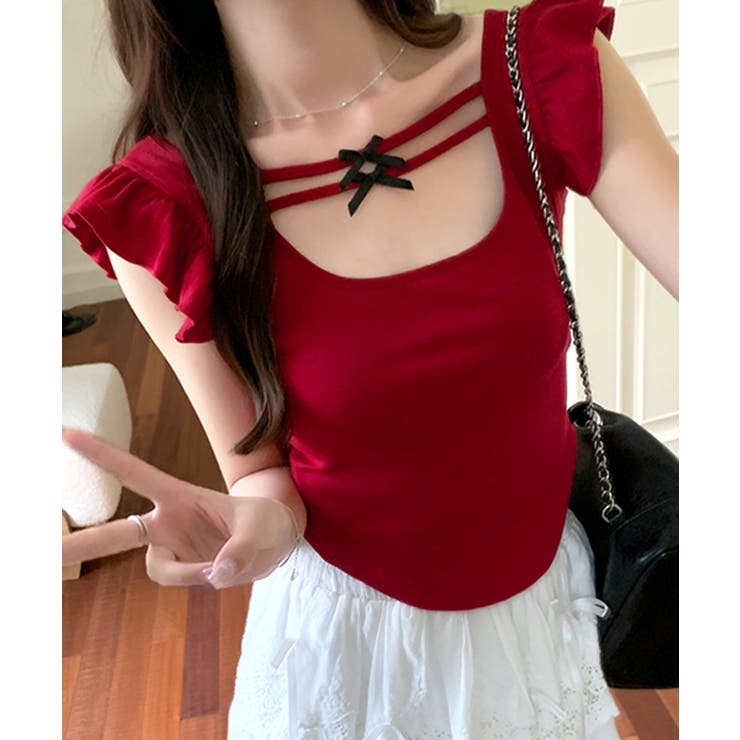 バックリボンスクエアネックフリルトップス 2WAY フレンチ