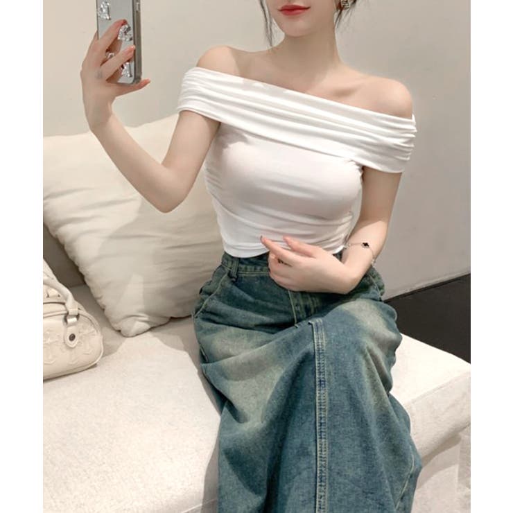 オフショルトップス カラーオフショルドロストジップTシャツ | レディースファッション通販