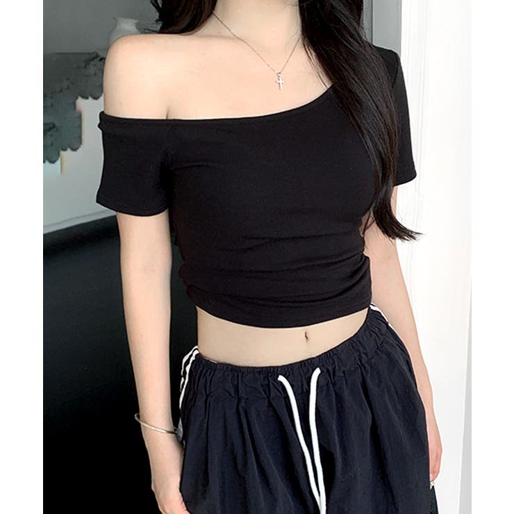 ブラック | ワンショルダー半袖トップス Tシャツ カットソー | Riff