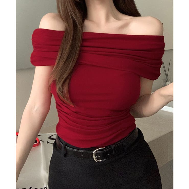 レッド | オフショルダートップス 半袖 Tシャツ | Riff