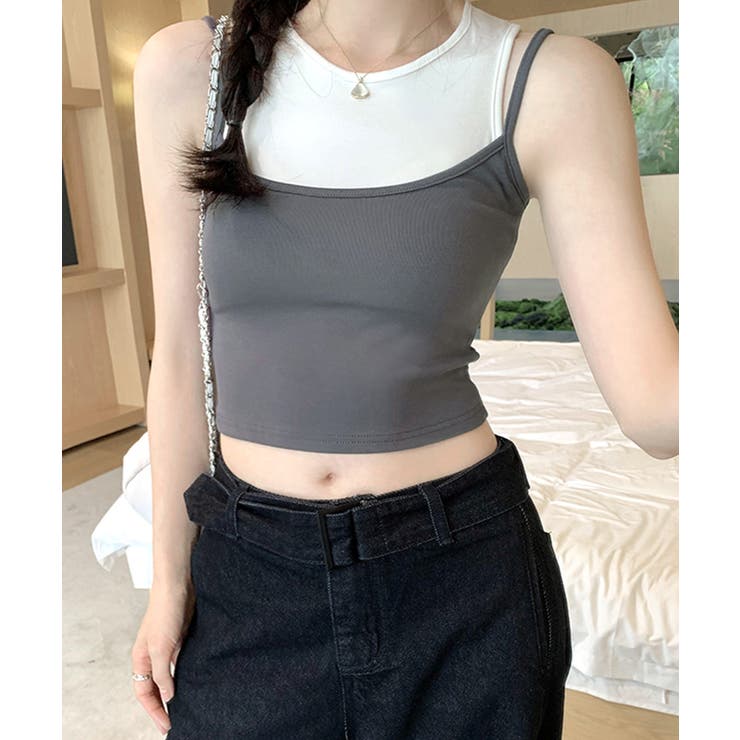 重ね着風タンクトップ フェイクレイヤード ドッキング[品番