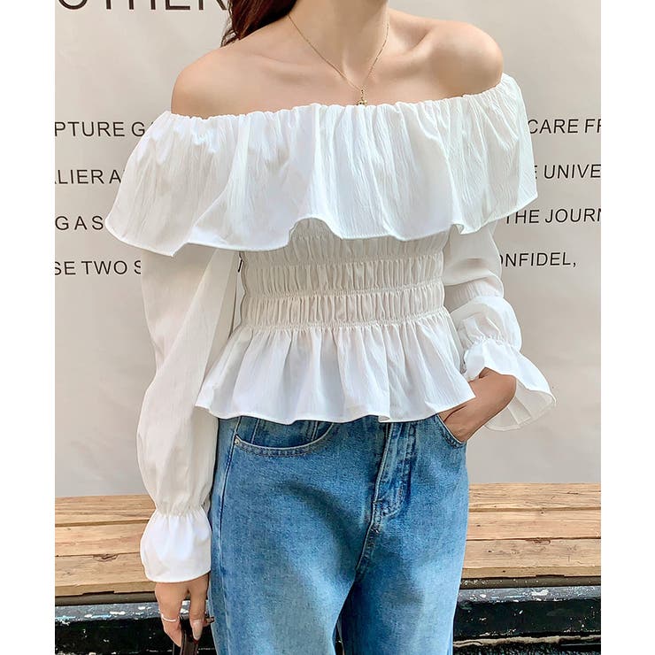オフショルフリルシャーリングトップス パフスリーブ ペプラム | Riff | 詳細画像13 