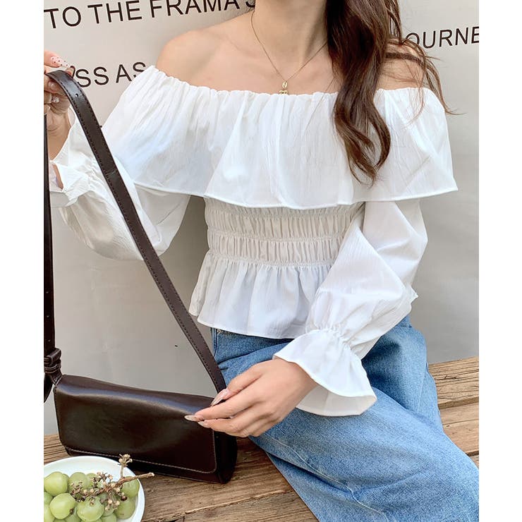 オフショルフリルシャーリングトップス パフスリーブ ペプラム | Riff | 詳細画像16 