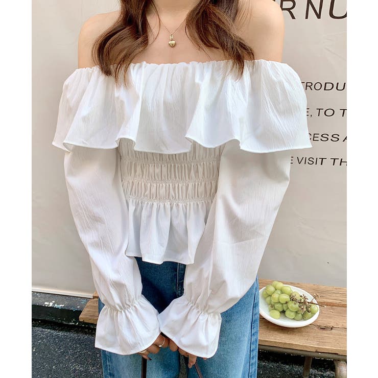 オフショルフリルシャーリングトップス パフスリーブ ペプラム | Riff | 詳細画像4 