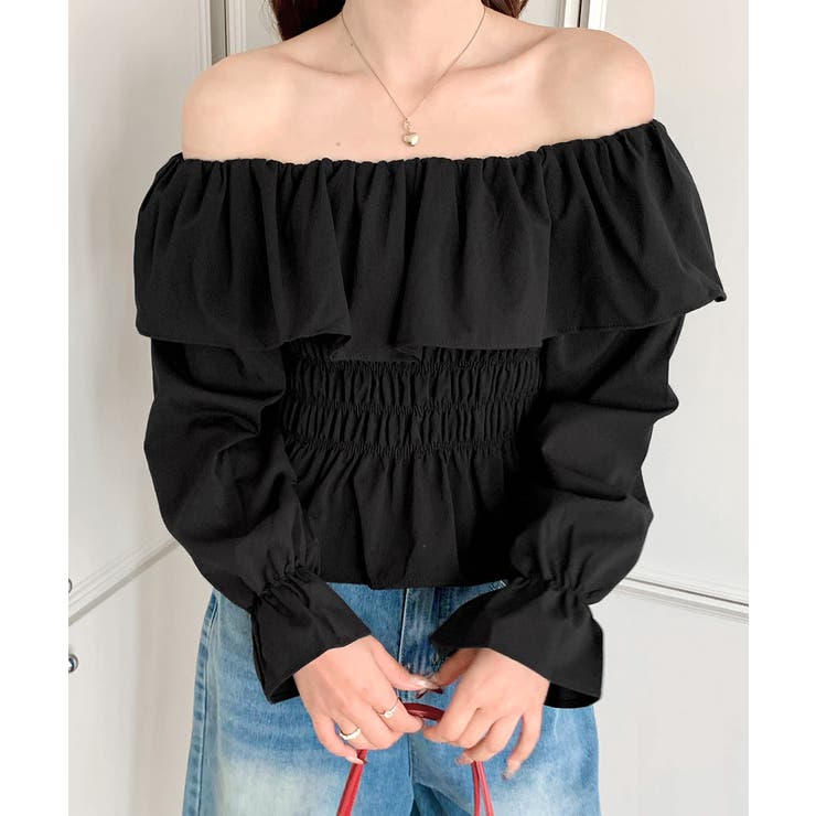 オフショルフリルシャーリングトップス パフスリーブ ペプラム | Riff | 詳細画像48 
