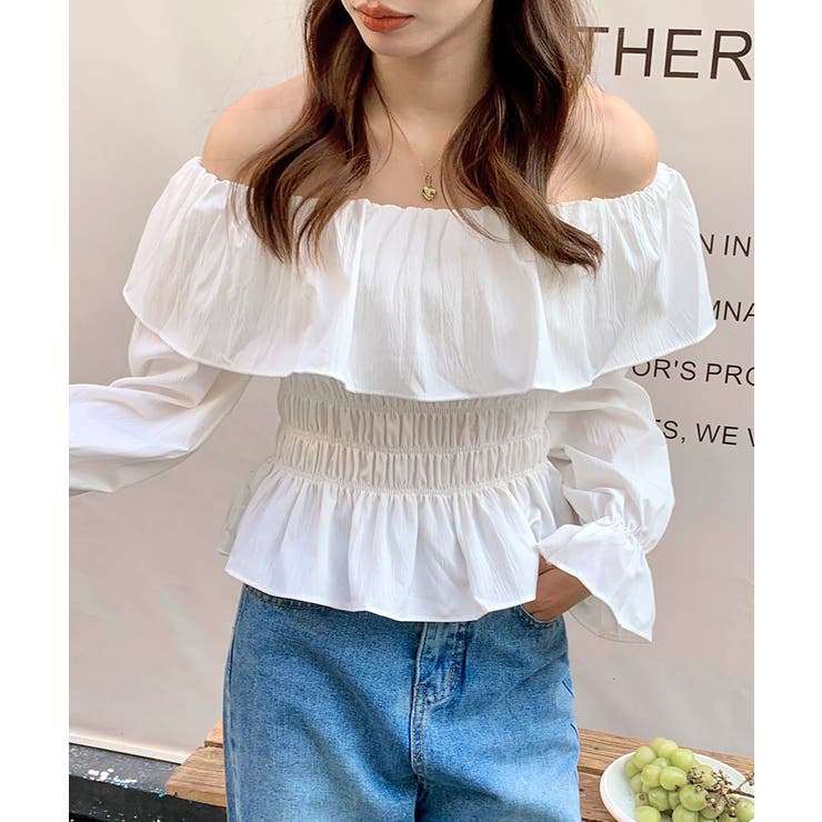 オフショルフリルシャーリングトップス パフスリーブ ペプラム | Riff | 詳細画像6 