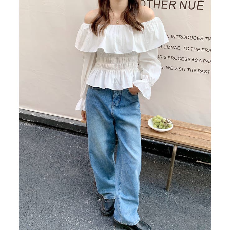 オフショルフリルシャーリングトップス パフスリーブ ペプラム | Riff | 詳細画像7 