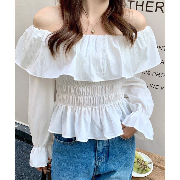 オフショルフリルシャーリングトップス パフスリーブ ペプラム | Riff | 詳細画像8 