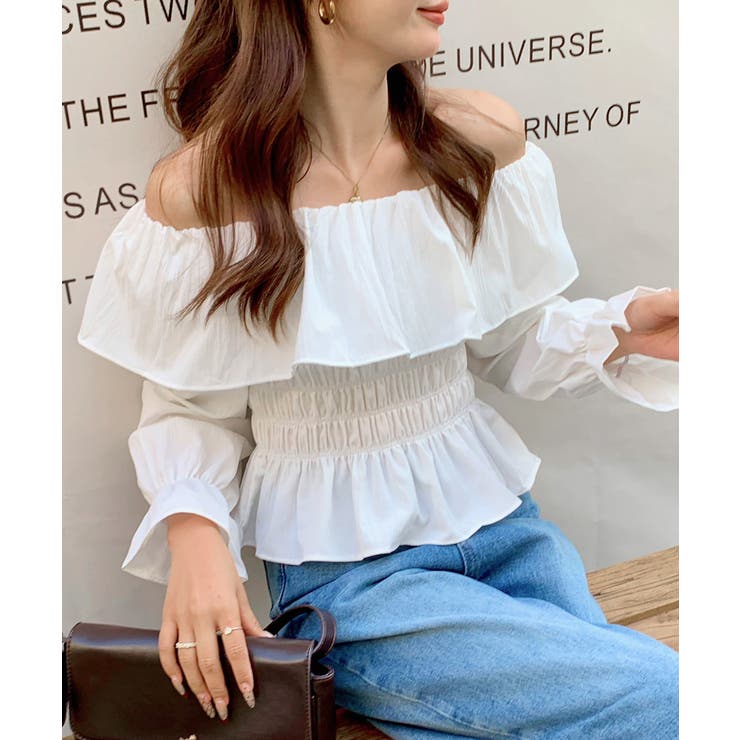 ホワイト | オフショルフリルシャーリングトップス パフスリーブ ペプラム | Riff