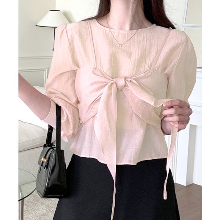 ピンク | [2点セット] フロントリボンビスチェ+シアーブラウス アンサンブル | Riff