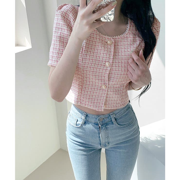 ショート丈ツイードジャケット 半袖 ノーカラージャケット | Riff | 詳細画像4 