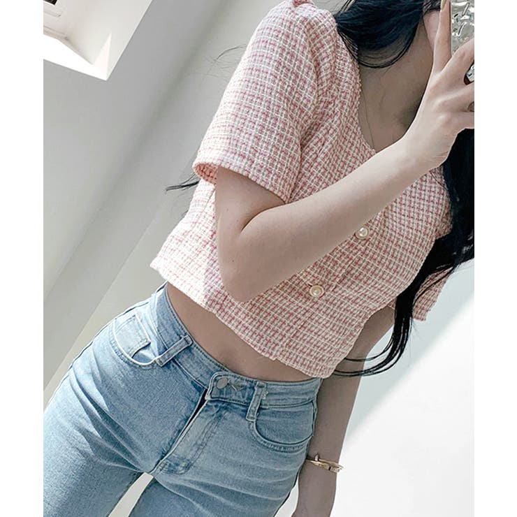 ショート丈ツイードジャケット 半袖 ノーカラージャケット | Riff | 詳細画像7 