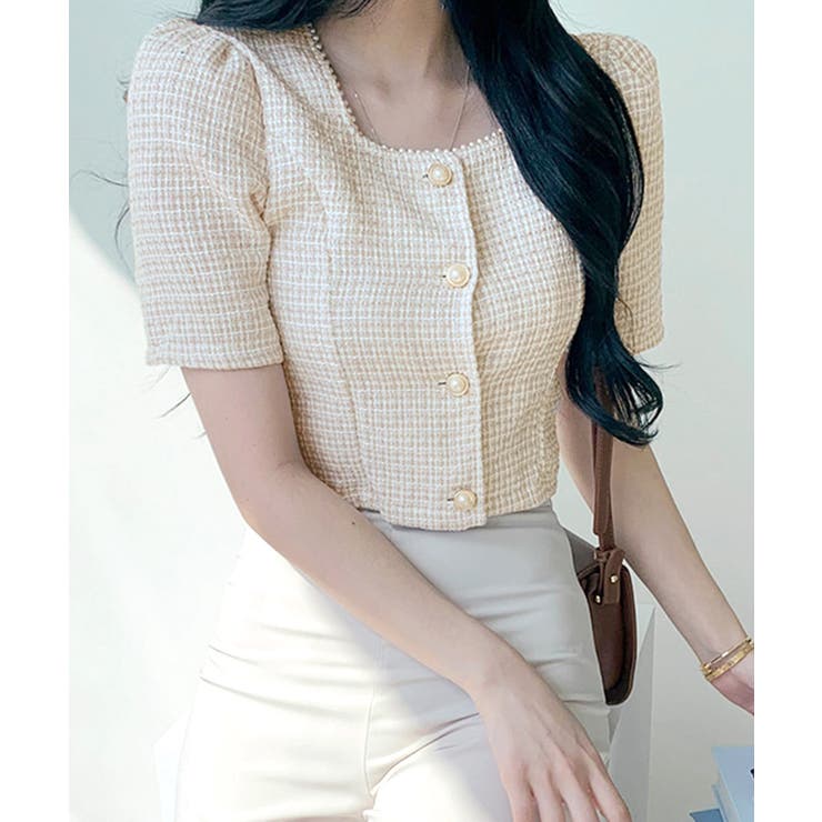 ショート丈ツイードジャケット 半袖 ノーカラージャケット | Riff | 詳細画像8 