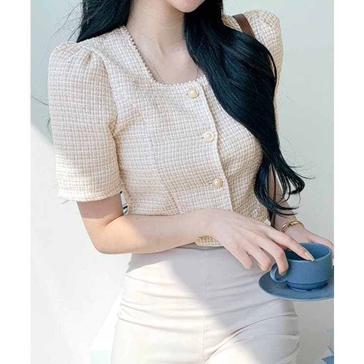 ショート丈ツイードジャケット 半袖 ノーカラージャケット | Riff | 詳細画像9 