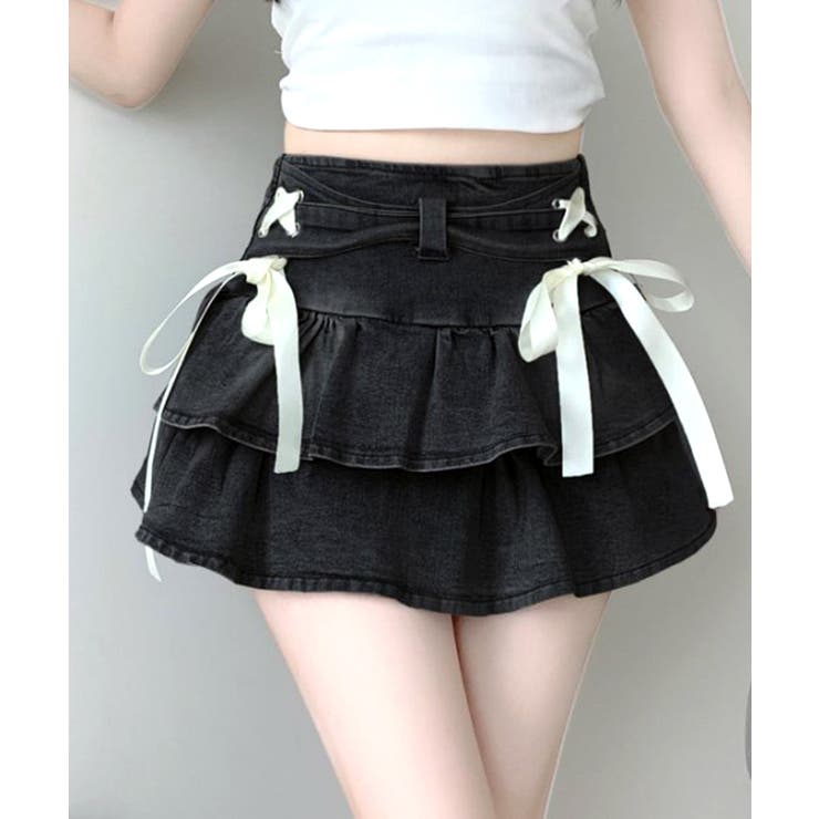 リボンデニムフリルミニスカート インナーパンツ付き ティアード | Riff | 詳細画像12 