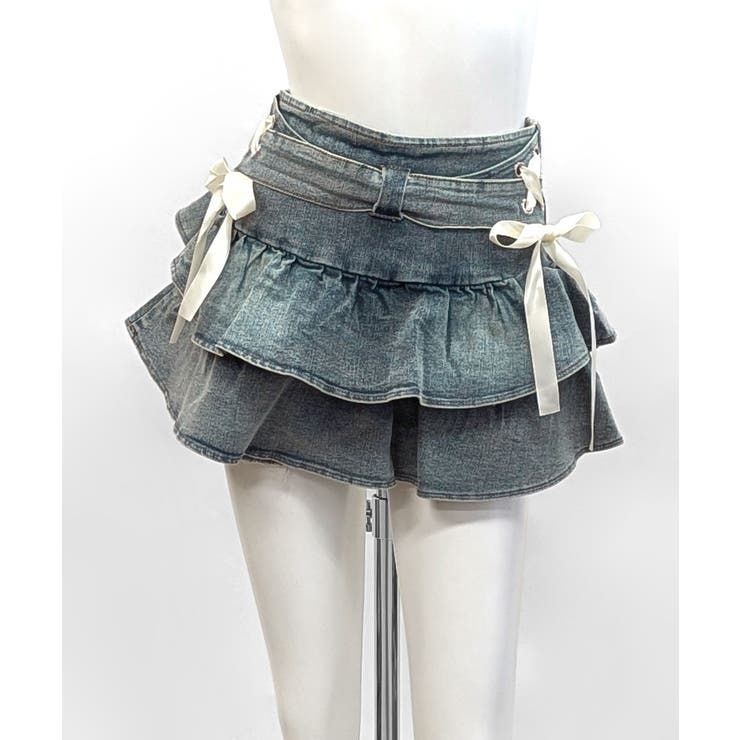 リボンデニムフリルミニスカート インナーパンツ付き ティアード | Riff | 詳細画像16 
