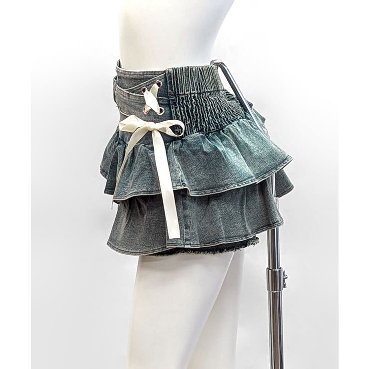 タグ付き BELEAR MIMI ベリアミミサテンスカートドッキングパンツ リボンデニムフリルミニスカート インナーパンツ付き ティアード