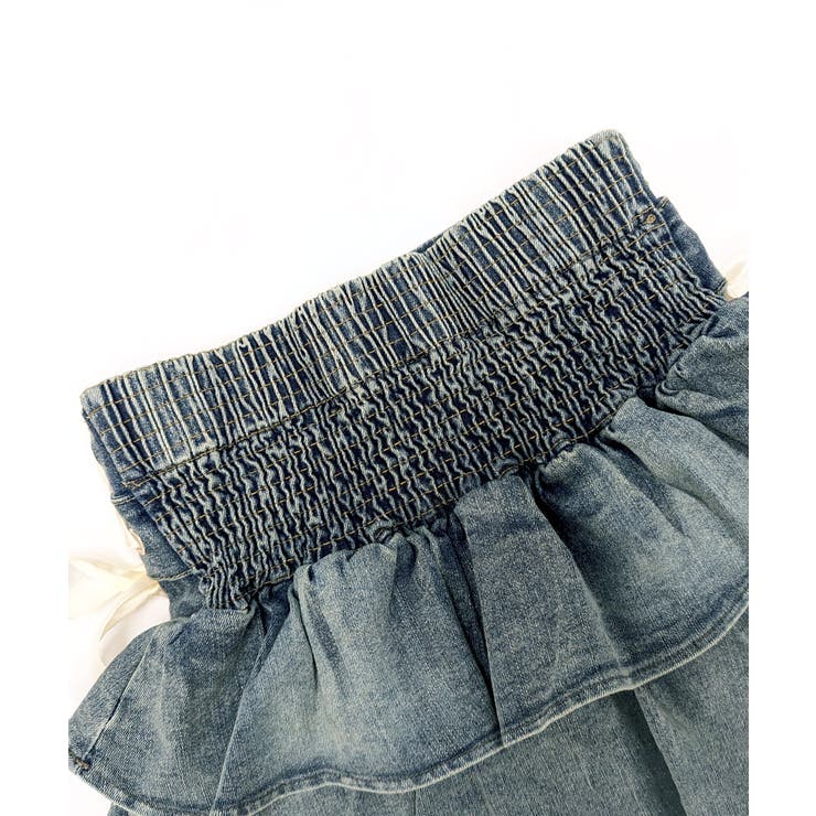 リボンデニムフリルミニスカート インナーパンツ付き ティアード