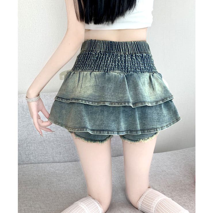 リボンデニムフリルミニスカート インナーパンツ付き ティアード | Riff | 詳細画像3 