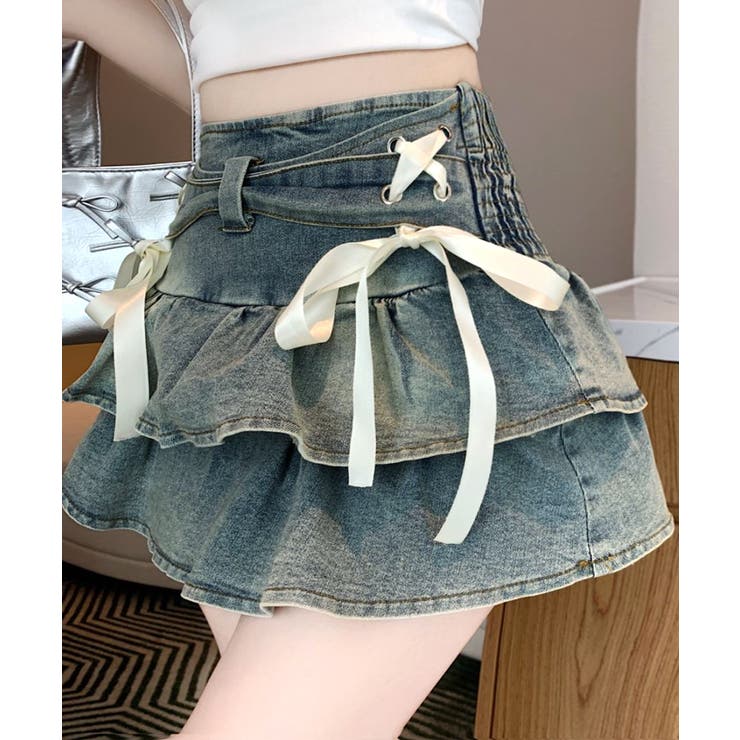 リボンデニムフリルミニスカート インナーパンツ付き ティアード | Riff | 詳細画像4 