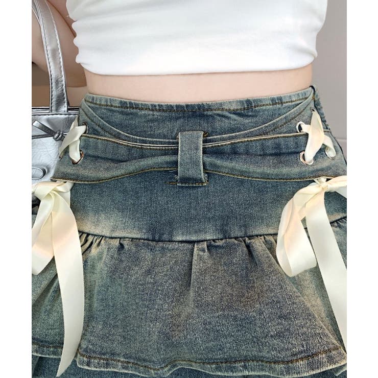 リボンデニムフリルミニスカート インナーパンツ付き ティアード | Riff | 詳細画像5 