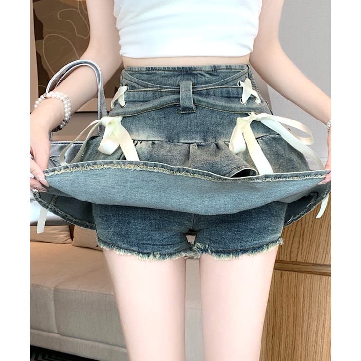 リボンデニムフリルミニスカート インナーパンツ付き ティアード | Riff | 詳細画像6 