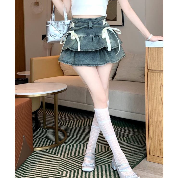 リボンデニムフリルミニスカート インナーパンツ付き ティアード | Riff | 詳細画像7 