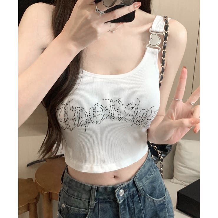 カップ付きラインストーンタンクトップ ブラトップ キャミソール | Riff | 詳細画像5 