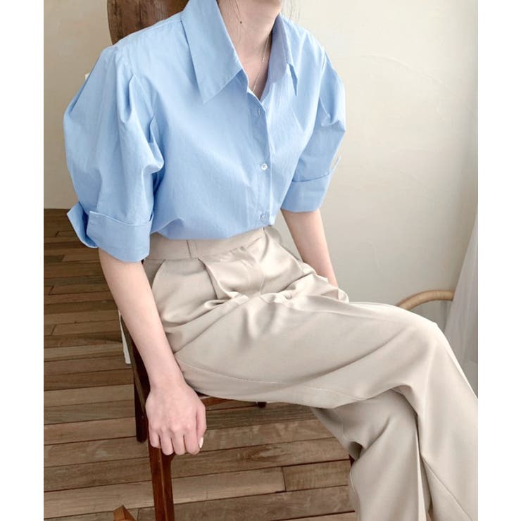 折り返しタックスリーブ半袖シャツ オープンカラー ブラウス | Riff | 詳細画像11 