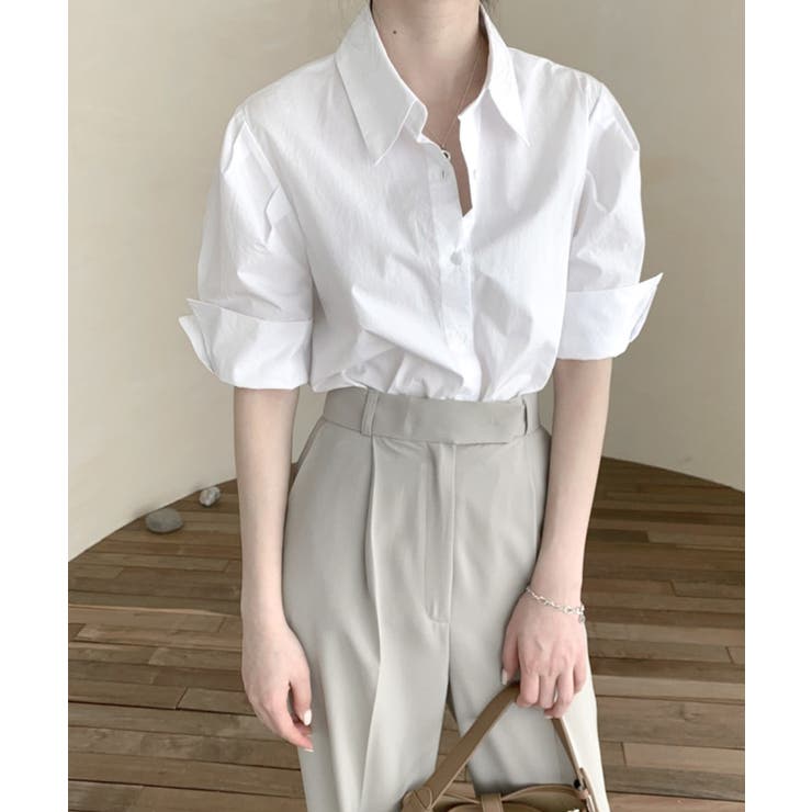 折り返しタックスリーブ半袖シャツ オープンカラー ブラウス | Riff | 詳細画像4 