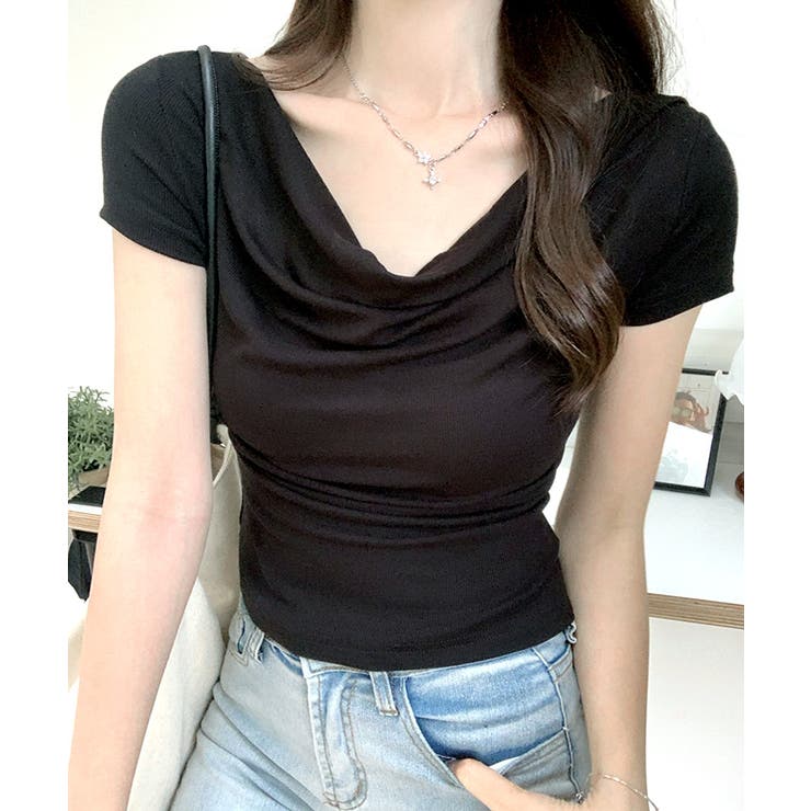 激安アウトレット通販 ドレープネックリブトップス 半袖 Tシャツ[品番：NETW0002296 トップス