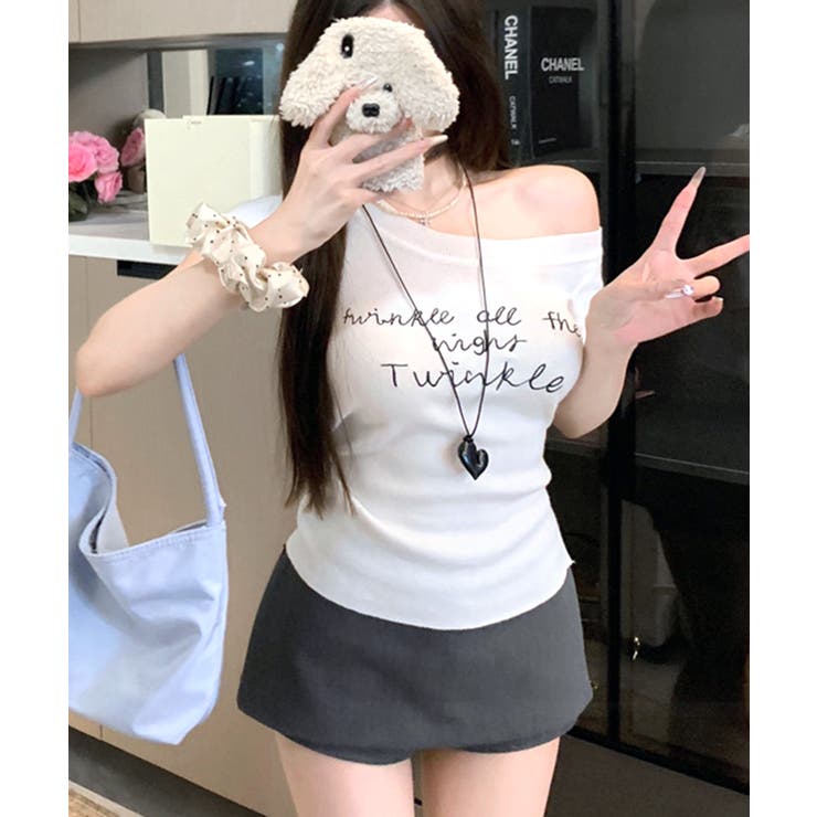 ワンショルダーサイドスリットロゴトップス イレギュラーヘム Tシャツ | Riff | 詳細画像10 