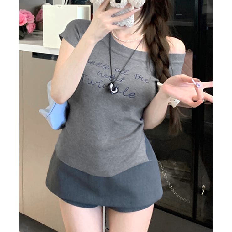 ワンショルダーサイドスリットロゴトップス イレギュラーヘム Tシャツ | Riff | 詳細画像2 