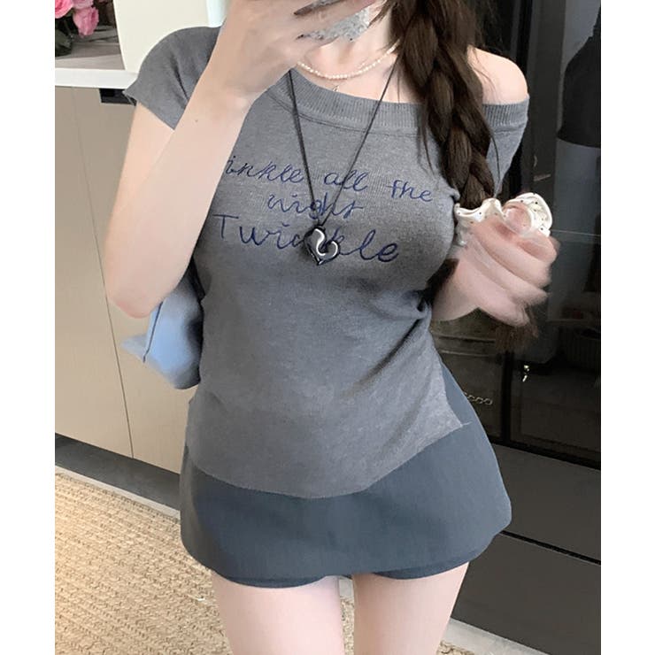 グレー | ワンショルダーサイドスリットロゴトップス イレギュラーヘム Tシャツ | Riff