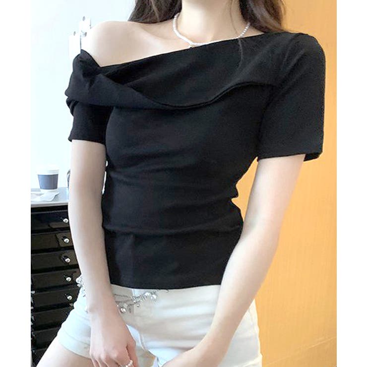 ブラック | ワンショルトップス 半袖 Tシャツ | Riff