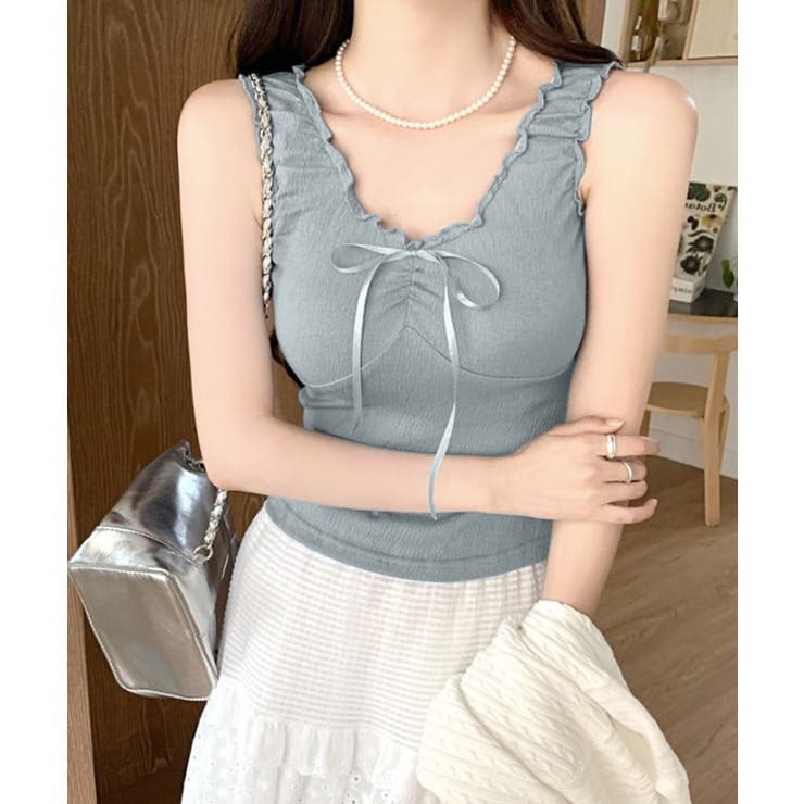 センターリボンギャザーノースリーブ 2WAY オフショル | Riff | 詳細画像2 