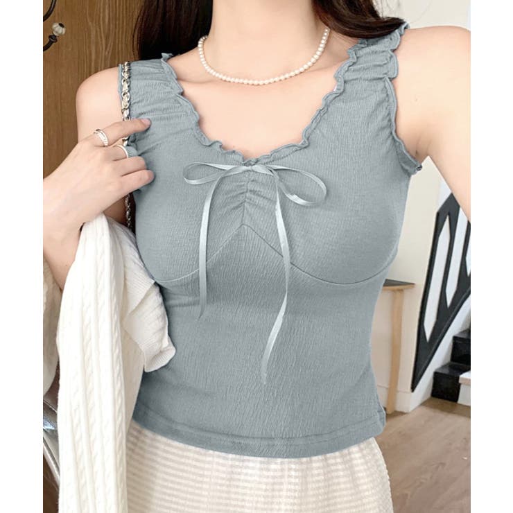 センターリボンギャザーノースリーブ 2WAY オフショル | Riff | 詳細画像3 