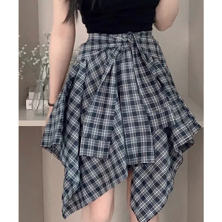 腰巻きフェイクシャツ風ミニスカート チェック柄 ウエストゴム