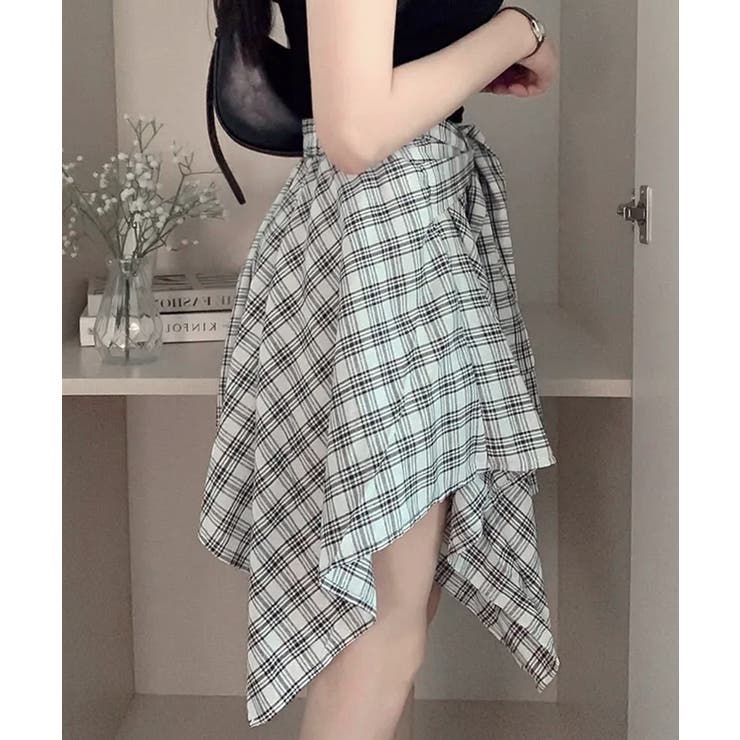 腰巻きフェイクシャツ風ミニスカート チェック柄 ウエストゴム