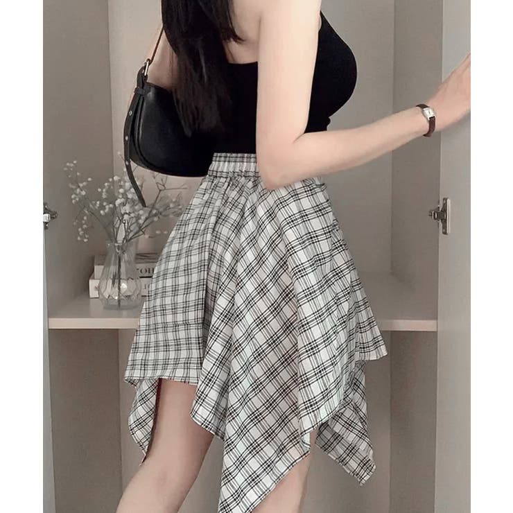 腰巻きフェイクシャツ風ミニスカート チェック柄 ウエストゴム
