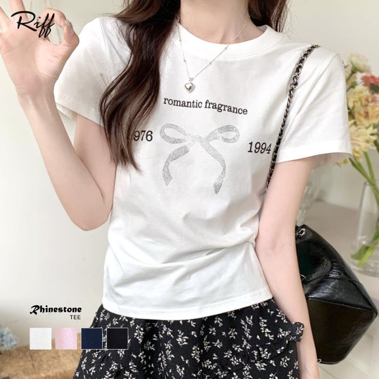 ラインストーンリボン半袖Tシャツ ロゴプリント プリントT[品番